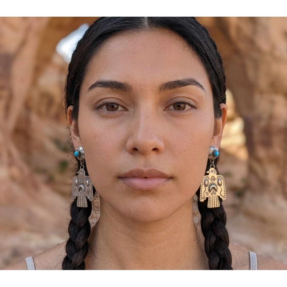 Navajo Thunderbird Dangle Earrings Oxidized Sterling‎ Silver Kingman Turquoise**